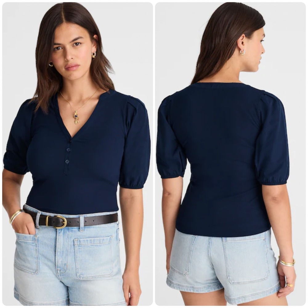 Madewell Womens Navy Blue Puff Sleeve Henley Preppy Nautical Top Size L NW195